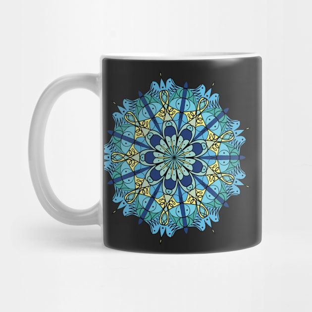 Monochromatic Blue and Green Mandala with Hint of Yellow Graphic Design, Artwork by xcsdesign